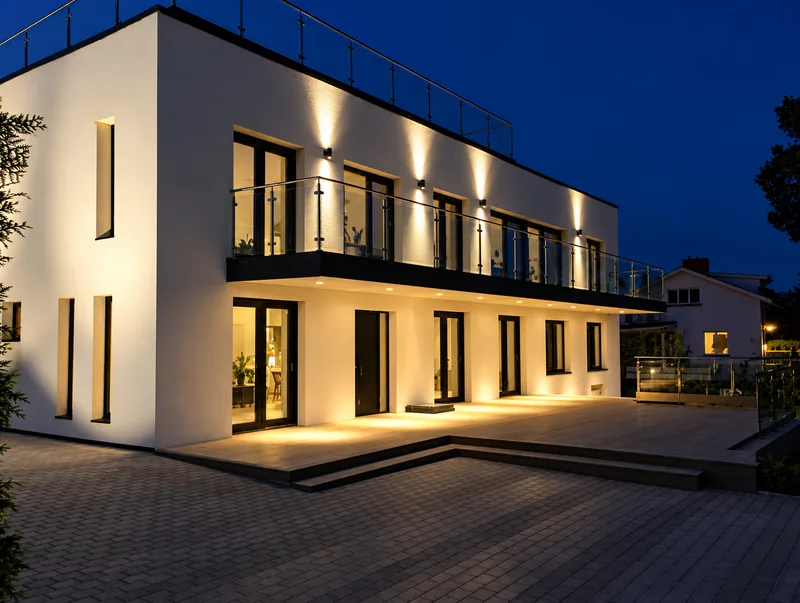 Vit villa på Lidingö med fasadbelysning i kvällsljus